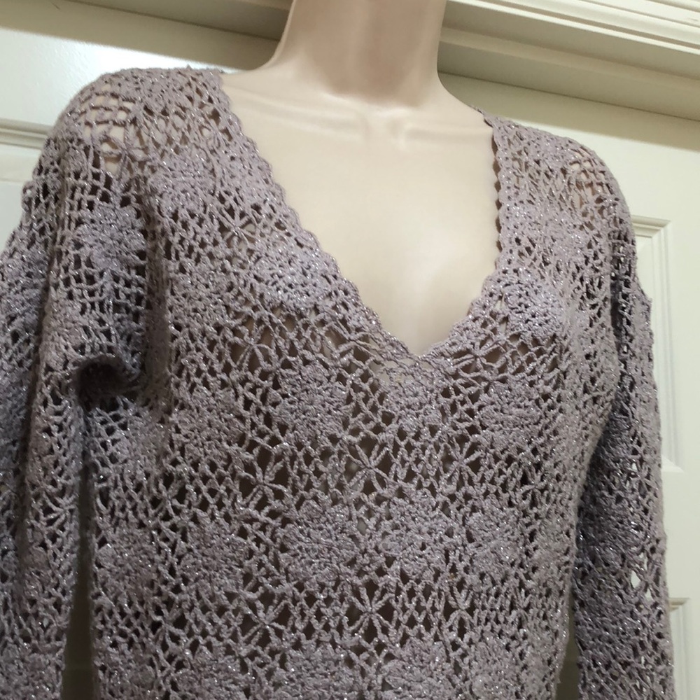 Cache Lilac Sparkly Crochet Sweater Size L - Picture 2 of 4
